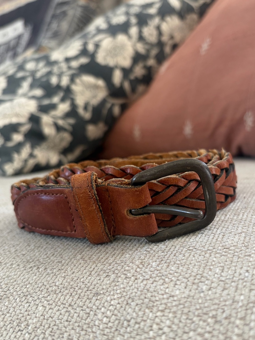 Vintage Genuine Leather Woven Braided Belt Brown Size 38 Rustic Boho Casual